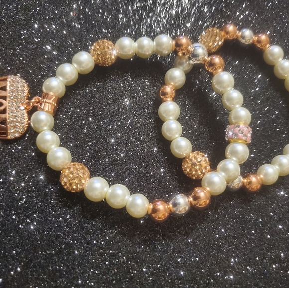 BEAUTIFUL MOM BEADED CREAM & ROSE GOLD DOUBLE BRACELETS SET. - Picture 9 of 15